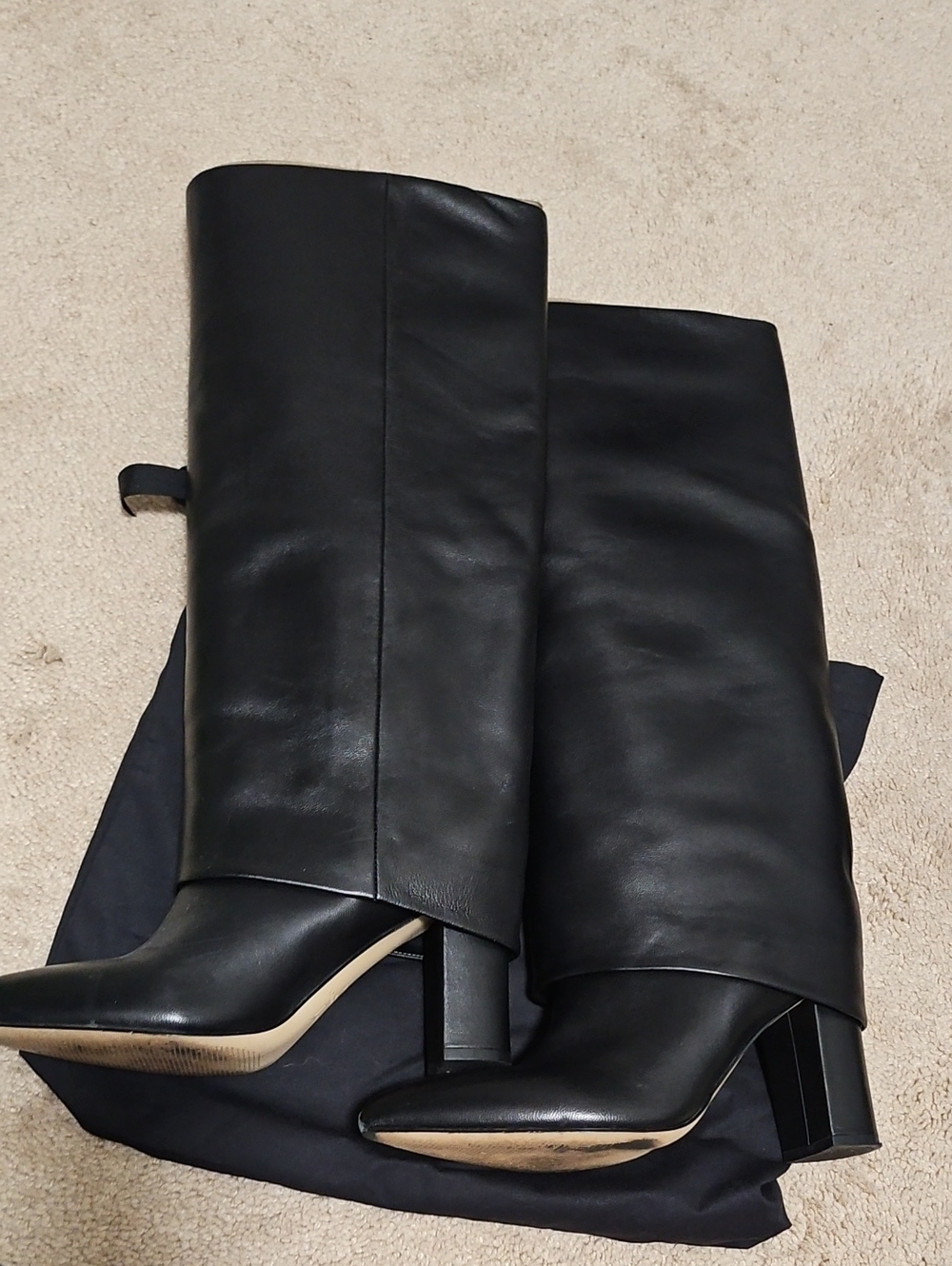 Black Leather Knee-High Block Heel Boots Shark Boot Style 7